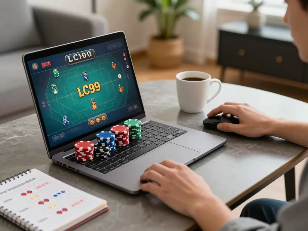 LC99 engages players in an exciting online poker game at home with chips stacked on the table.