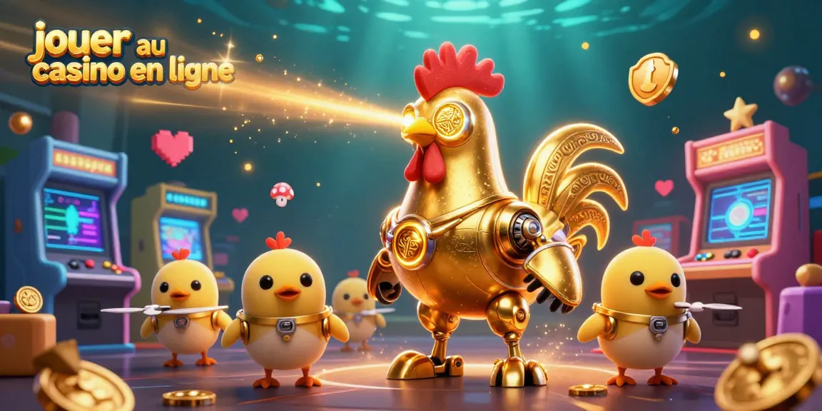 Jouer au casino en ligne avec une scène animée de robot de coq doré et ses drones de poussins.