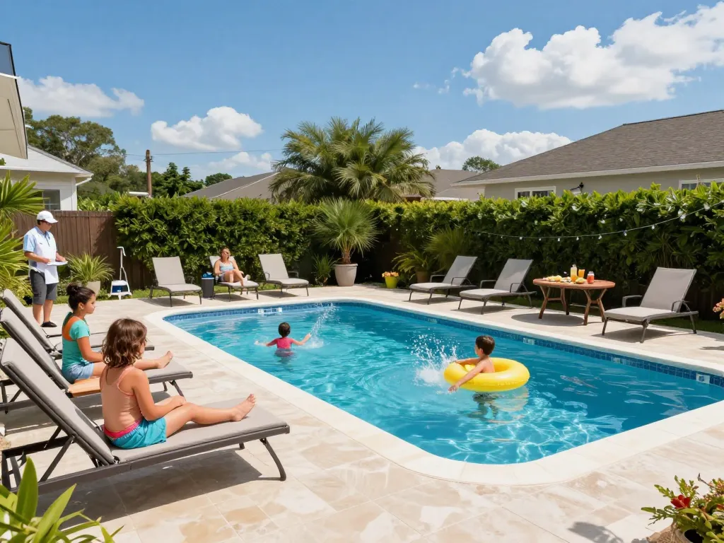 Dolphin Pool Services maintaining a vibrant family pool, showcasing joy and professional care.