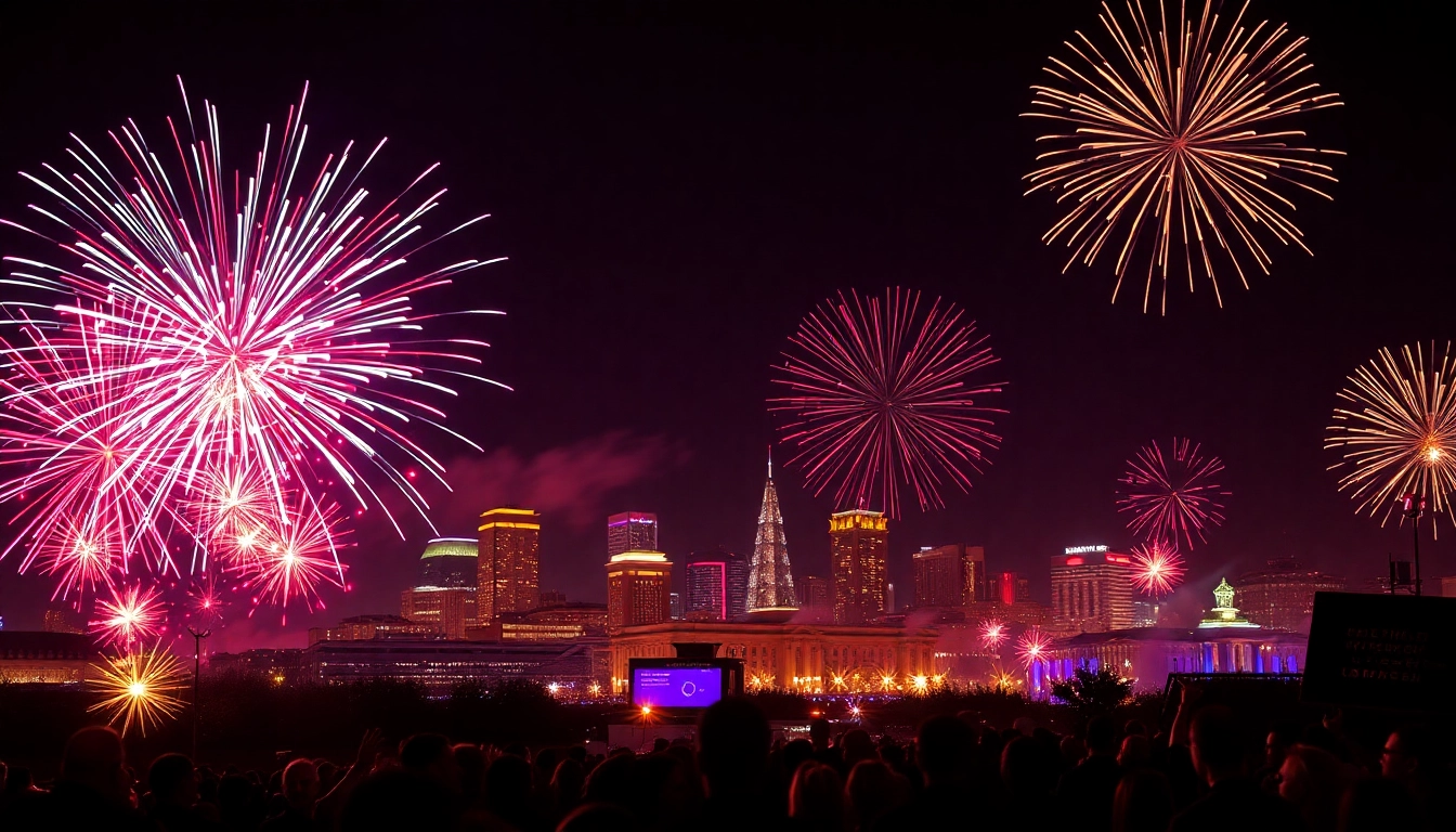 Buy fireworks Manchester during a colorful celebration in front of the city skyline.