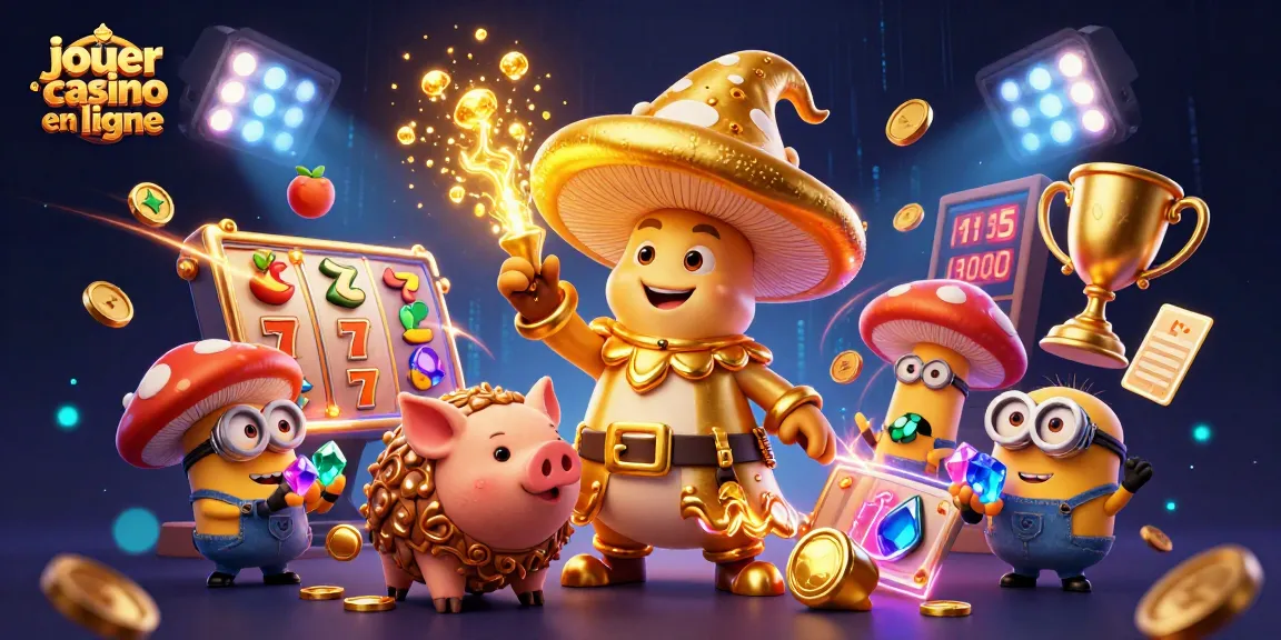 Jouer au casino en ligne avec une illustration 3D d'un magicien champignon et des éléments de jeu en mouvement.