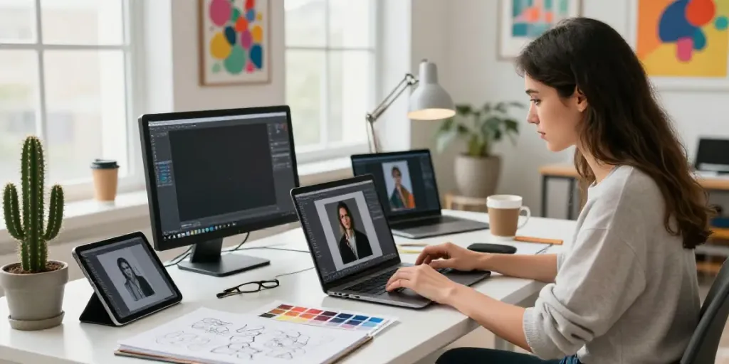 Young woman using an AI photorealistic image generator in a vibrant design studio.