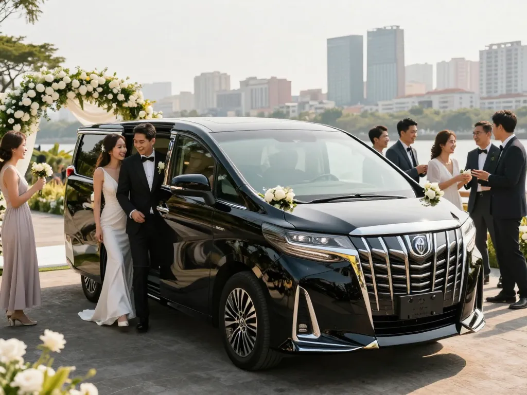 cho thuê xe Alphard cho đám cưới, nổi bật với một cặp đôi phong cách bước ra từ chiếc xe được trang trí đẹp mắt trong khung cảnh ngoài trời lãng mạn.