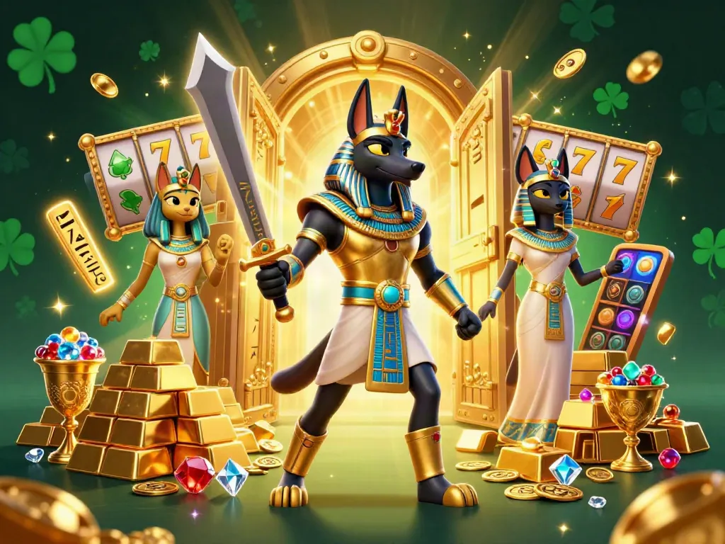 Koleksi game slot online yang menarik dengan karakter Anubis dan Bastet dikelilingi harta karun.