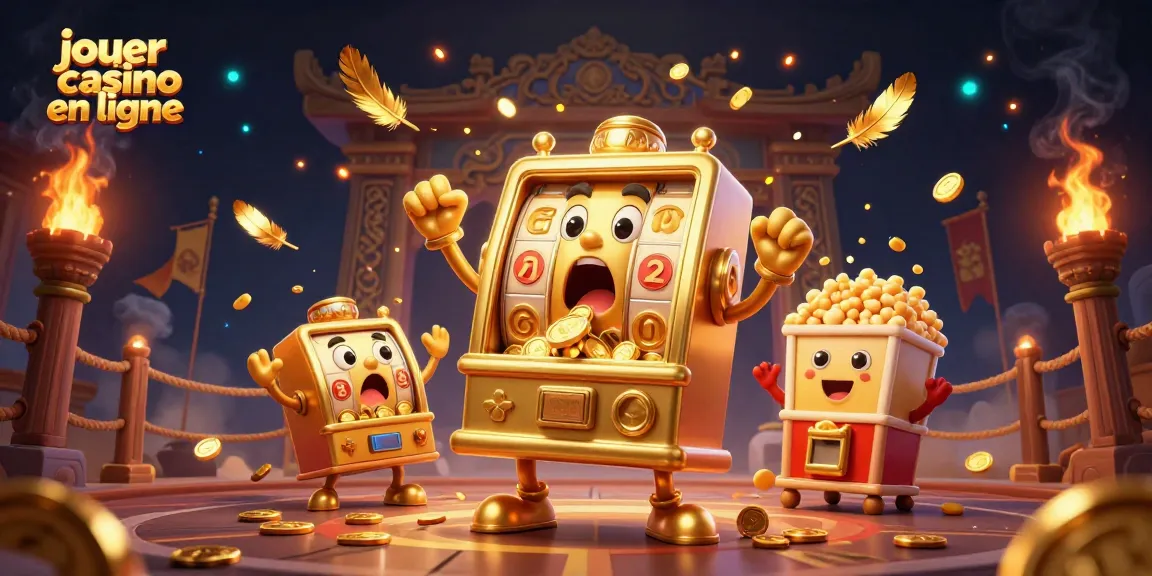 Jouer au casino en ligne avec une machine à sous dorée animée qui frappe le jackpot.