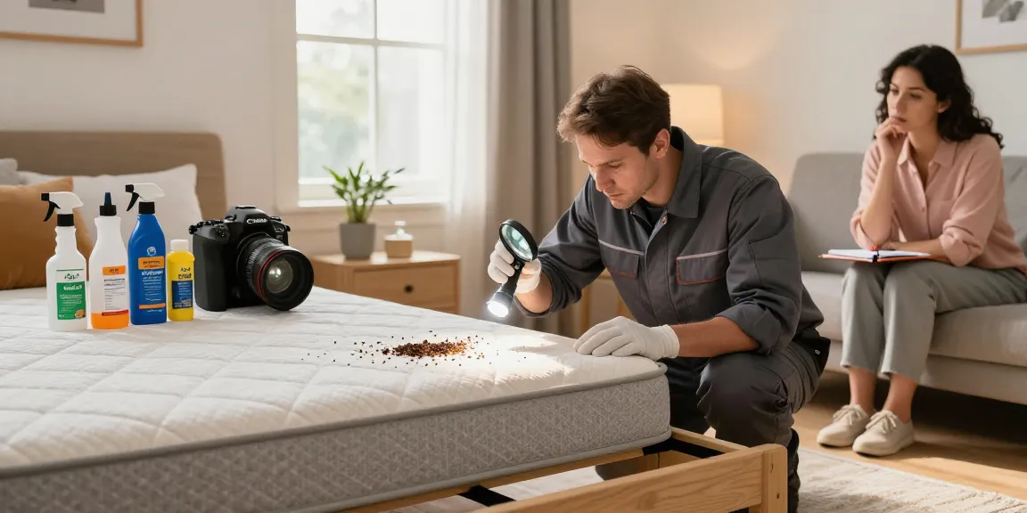 Bed bug pest control technician inspecting for bed bugs in a residential setting.
