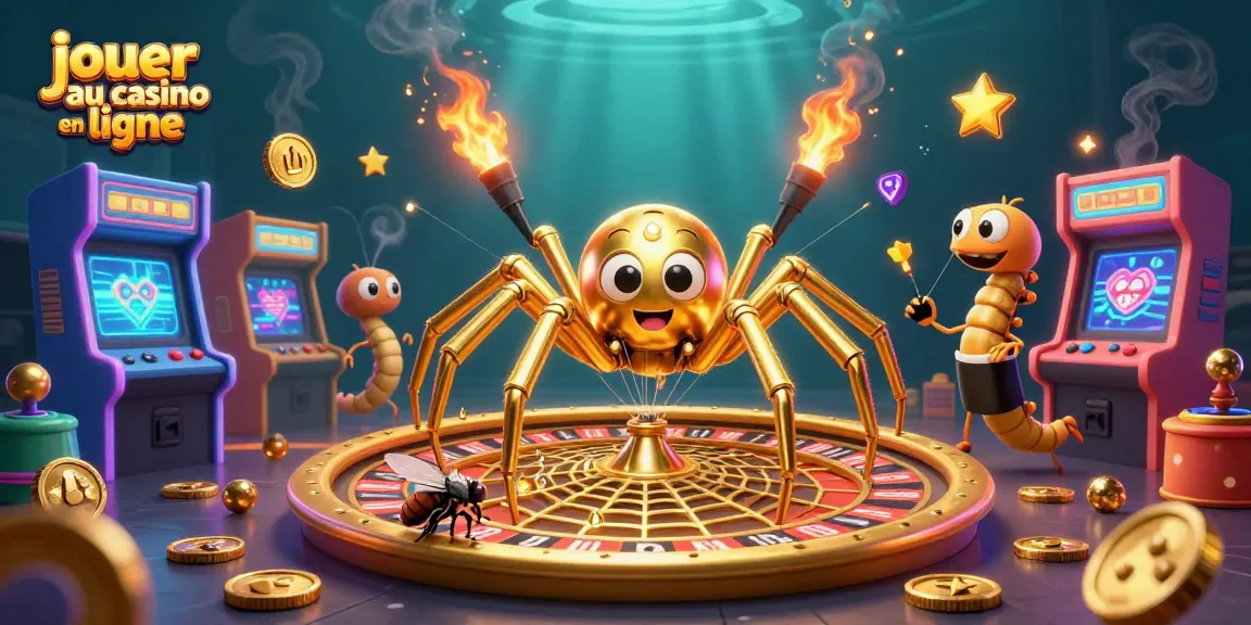 Jouer au casino en ligne avec une illustration animée de casino incluant une araignée dorée et une composition captivante