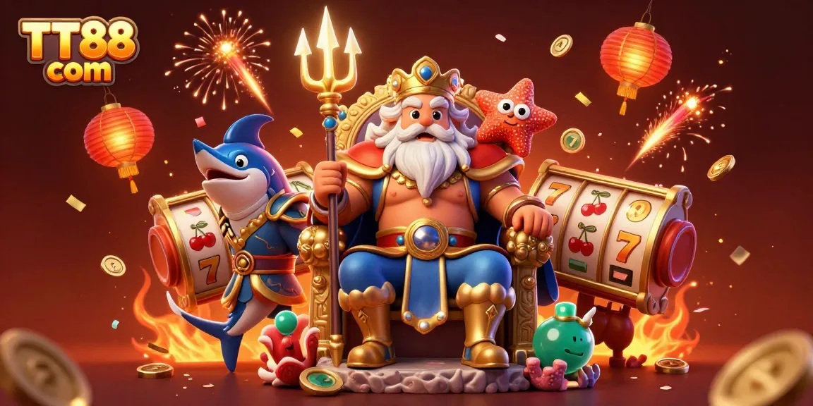 Experience thrilling games at TT88 com, featuring vibrant slot reels and festive decorations.
