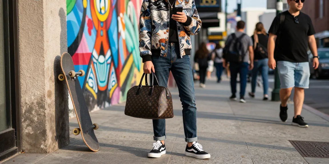 Fashionable person displaying 레플리카 accessories in a vibrant urban setting.