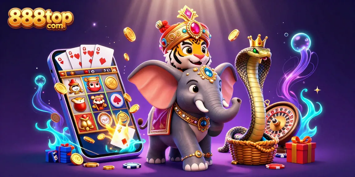 Play thrilling slot games at 888top com with vibrant characters and casino elements.