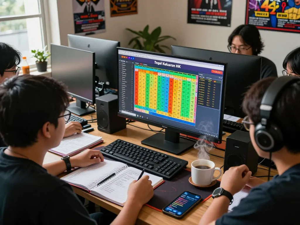 Engaged players analyzing HK Togel Lotto data on a computer, surrounded by prediction notes and gaming memorabilia.