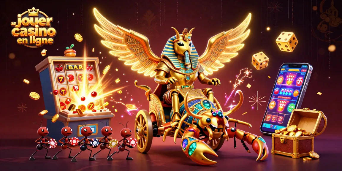 Jouer au casino en ligne avec une illustration de scarabée doré et des éléments de machine à sous.