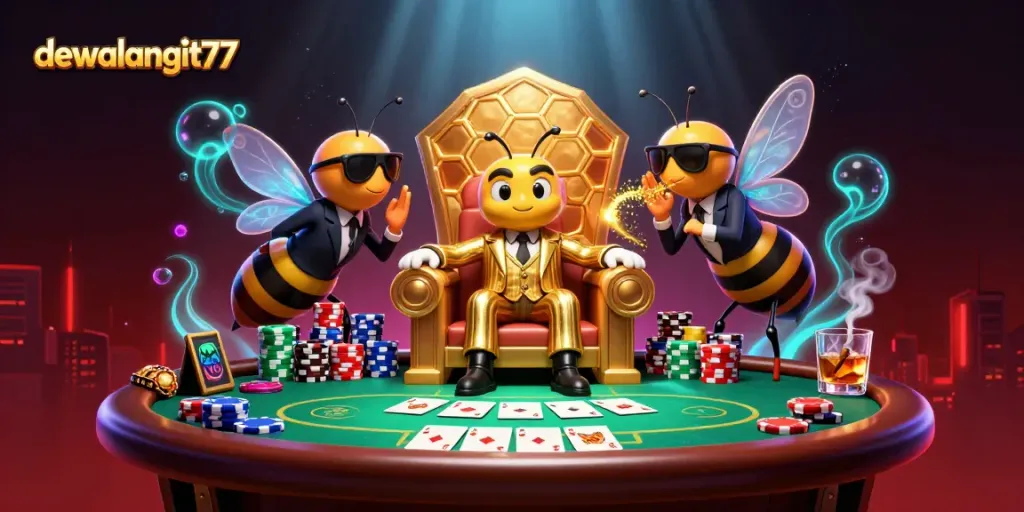 Mencoba keberuntungan di dewalangit77 dengan bos bumblebee, tumpukan chip poker dan efek cahaya yang menarik.