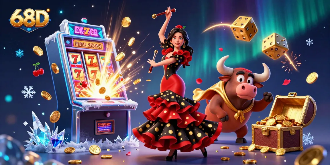 Experience the excitement at 68D as a stunning flamenco dancer performs amidst dynamic casino elements and jackpots.