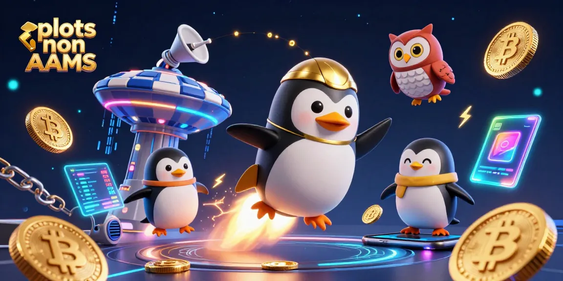 Gioca con le slot non AAMS in un'illustrazione 3D coinvolgente con un pinguino d'oro e criptovalute.
