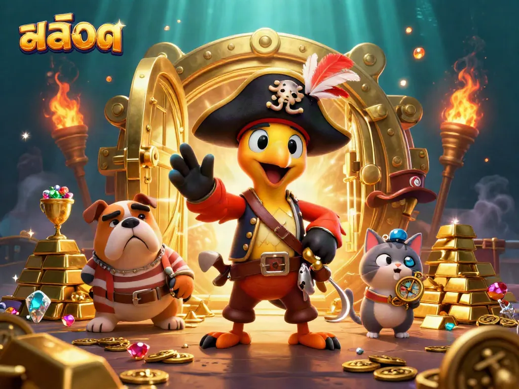 Experience thrilling สล็อต action with vibrant treasures and pirate characters in a dynamic 3D scene.