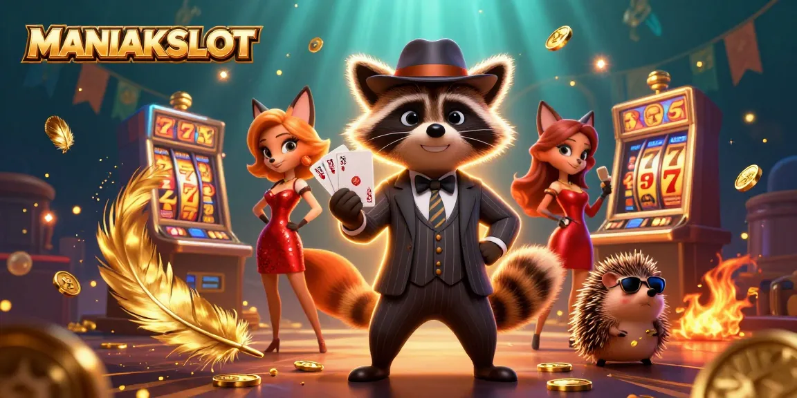 Engage in the MANIAKSLOT casino experience with charming characters and vibrant slot elements.