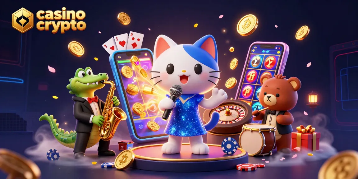 Illustration 3D d'un chat chanteur de jazz sur scène de casino crypto, entouré de pièces de monnaie bitcoin.