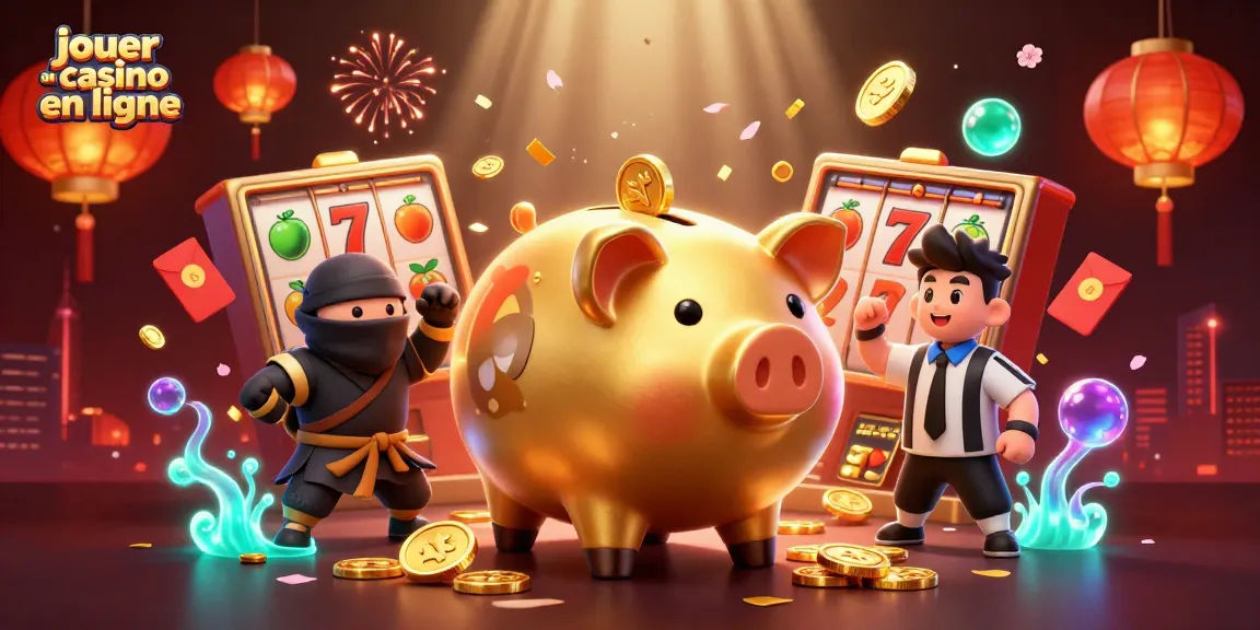 Jouer au casino en ligne avec un sumo porte-monnaie et un samouraï dans une scène animée remplie d'éléments de jeu.