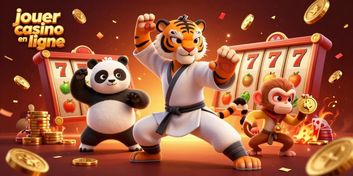 Jouer au casino en ligne avec un maître tigre kung-fu, un panda et un singe dans une scène festive.