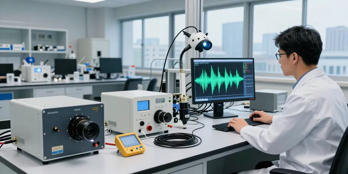 Hydrophone technician analyzing sound waves in a modern lab setting with advanced equipment.