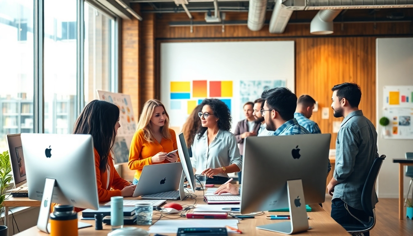 A dynamic scene of designers collaborating on creative projects at https://bestdesignersintheworld.com/, illustrating innovation.