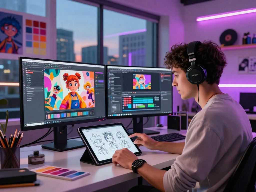 Character AI NSFW design process in futuristic workspace with vibrant sketches and coding screens