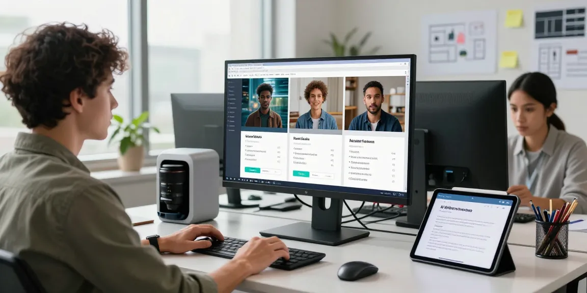 Free AI detector analyzing images on a monitor in a modern tech workspace.