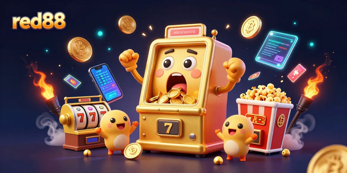 Experience winning moments with red88 as a golden slot machine hits the jackpot amidst vibrant casino elements.