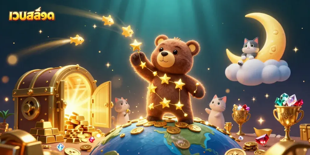 Experience the thrill of เว็บสล็อต with a stunning 3D scene featuring magical characters and treasure.
