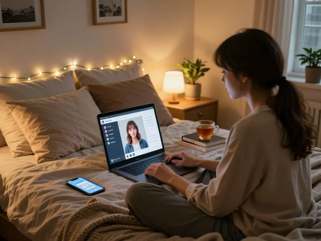 Engaging with girlfriend AI on a laptop in a cozy bedroom setting, highlighting connection and comfort.