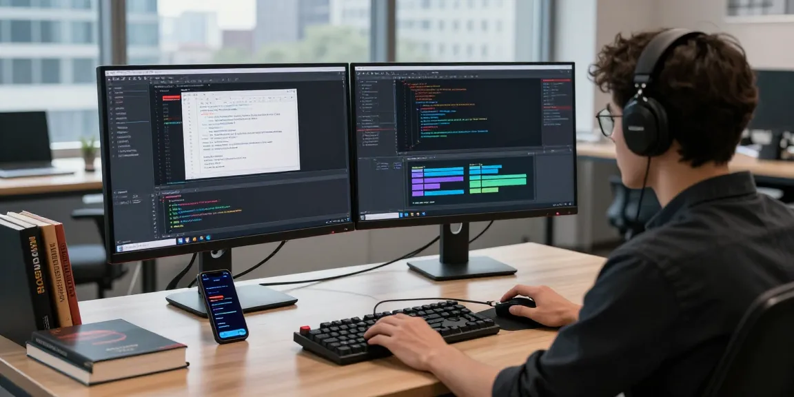 Professional workspace with programmer coding, highlighting communication tools like 纸飞机官网 in a modern tech environment.
