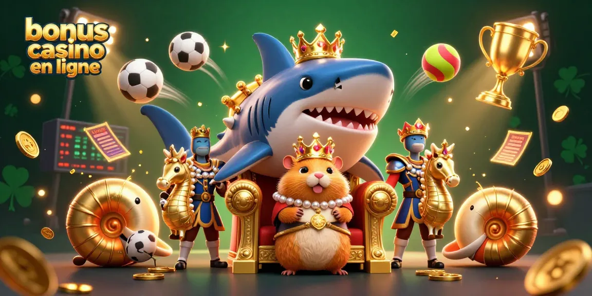Bonus casino en ligne : roi hamster doré entouré de gardes chevaux de mer et d'éléments sportifs
