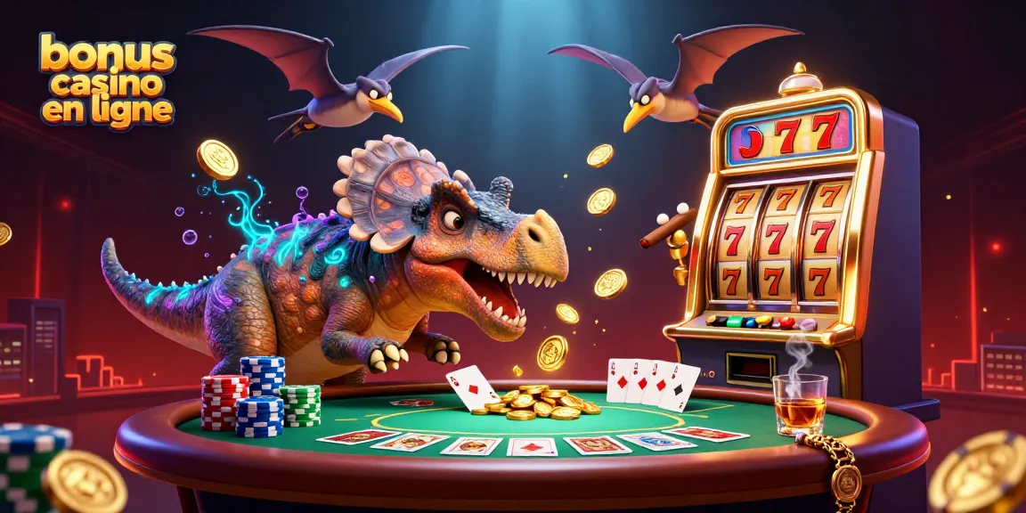 Illustration dynamique de casino avec un bonus de casino en ligne, montrant des personnages préhistoriques en pleine action.