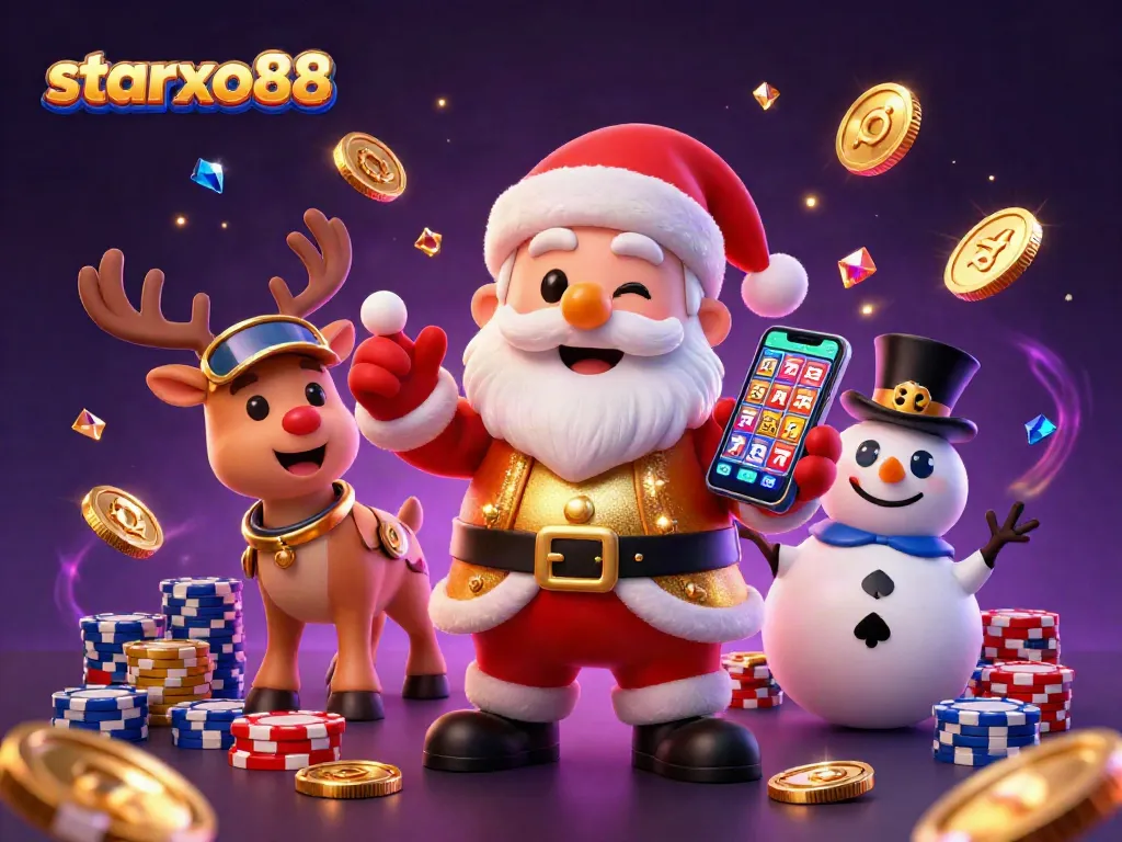 Win big with starxo88 at a lively casino scene featuring Santa, reindeer, and more.