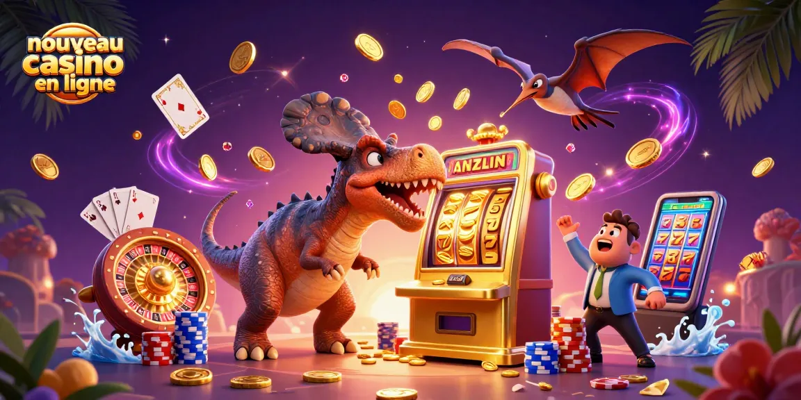 Jackpot de machine à sous au nouveau casino en ligne avec des personnages 3D amusants et des pièces dorées volantes.