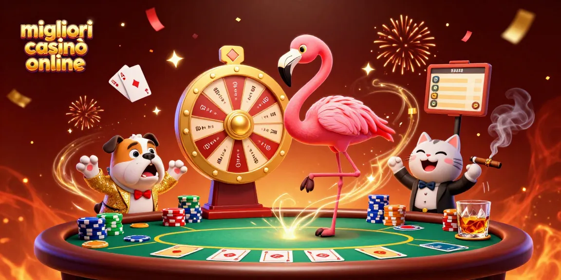 Scopri i migliori casinò online mentre il flamingo presenta un'illustrazione vivace e festosa con un bulldog emozionato e un'assistente felina.