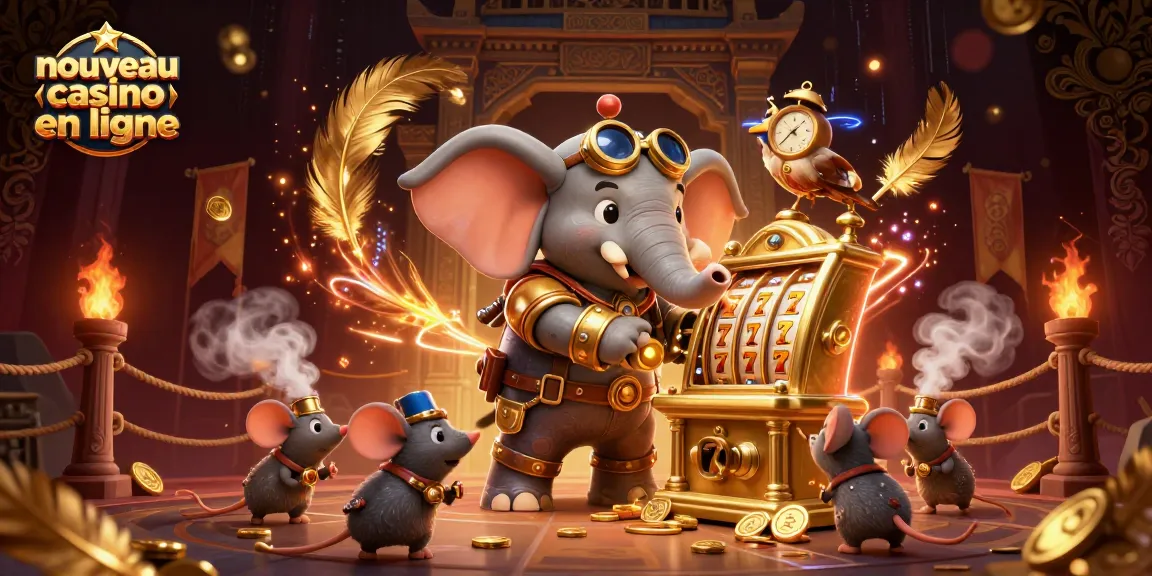 Nouveau casino en ligne: Éléphant ingénieur jouant sur une machine à sous dorée, entouré de pièces d'or.