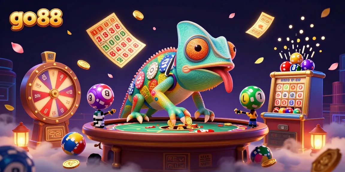 Experience exciting gaming adventures with go 88 in this vibrant illustration filled with casino elements.