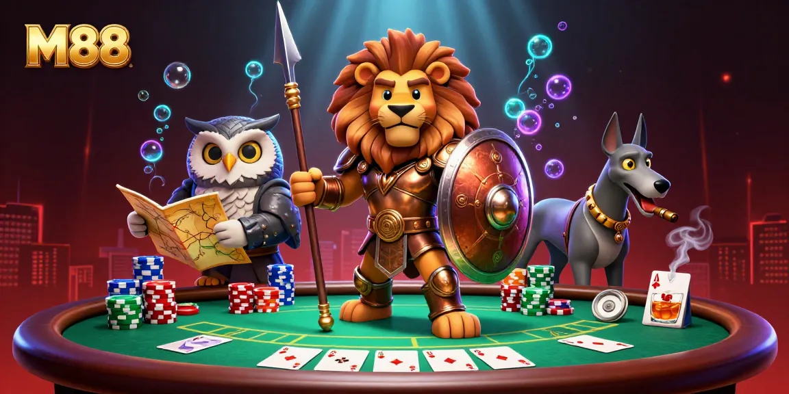 M88 showcases a vibrant illustration of a Spartan lion, an owl strategist, and a greyhound at a poker table.