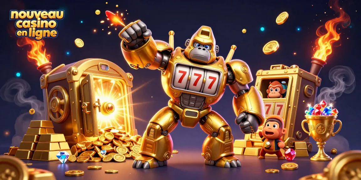 Découvrez le nouveau casino en ligne avec un gorille méca doré et des éléments de jeu dynamiques.