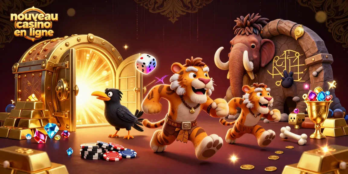 Illustration d'un nouveau casino en ligne avec un duo de personnages préhistoriques jouant aux dés et aux cartes.