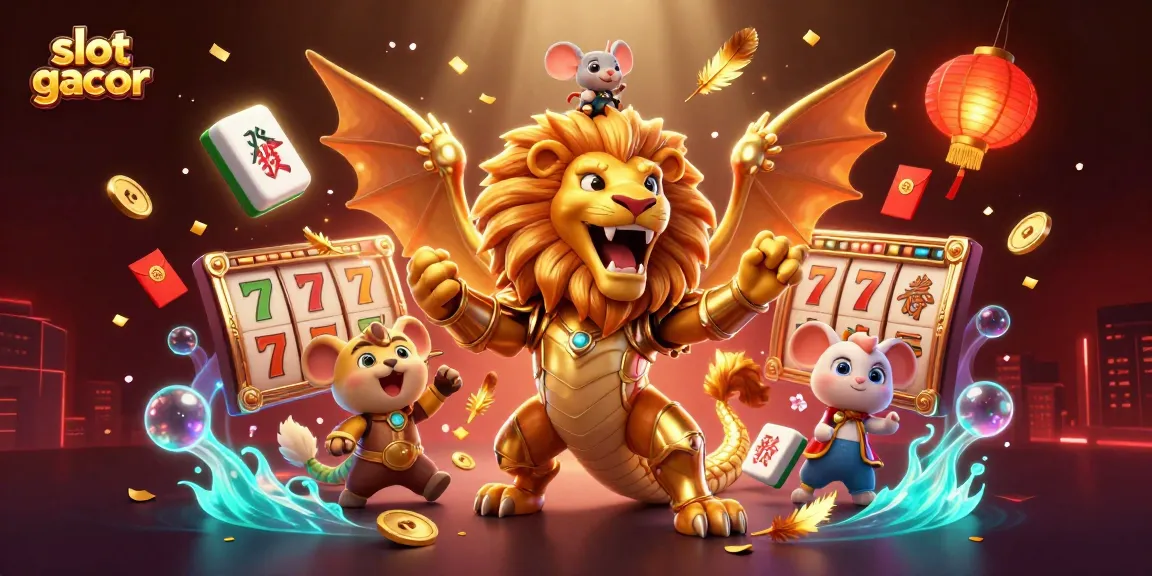 Experience slot gacor excitement with a triumphant chimera and lucky symbols in a 3D casino scene.
