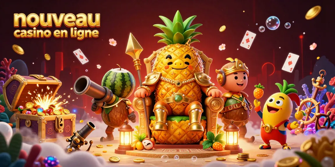 Illustration d'un nouveau casino en ligne mettant en avant un roi ananas et des gardes, dans un décor dynamique rempli de trésors et de jeux.