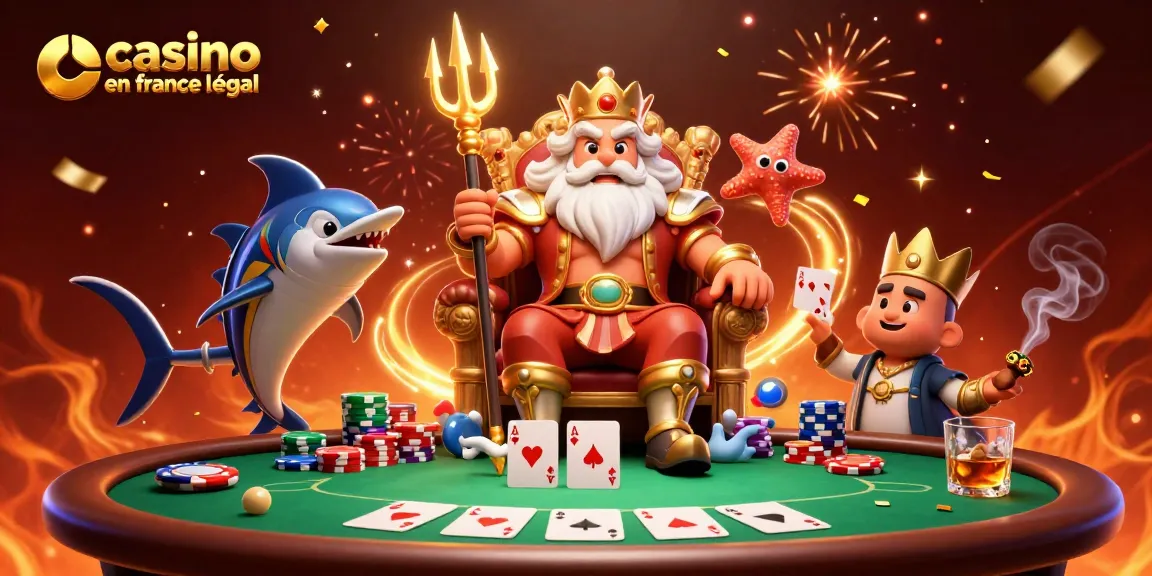 Jouez dans un casino en ligne france légal avec Neptune, le roi des mers entouré de poker et de jetons colorés.