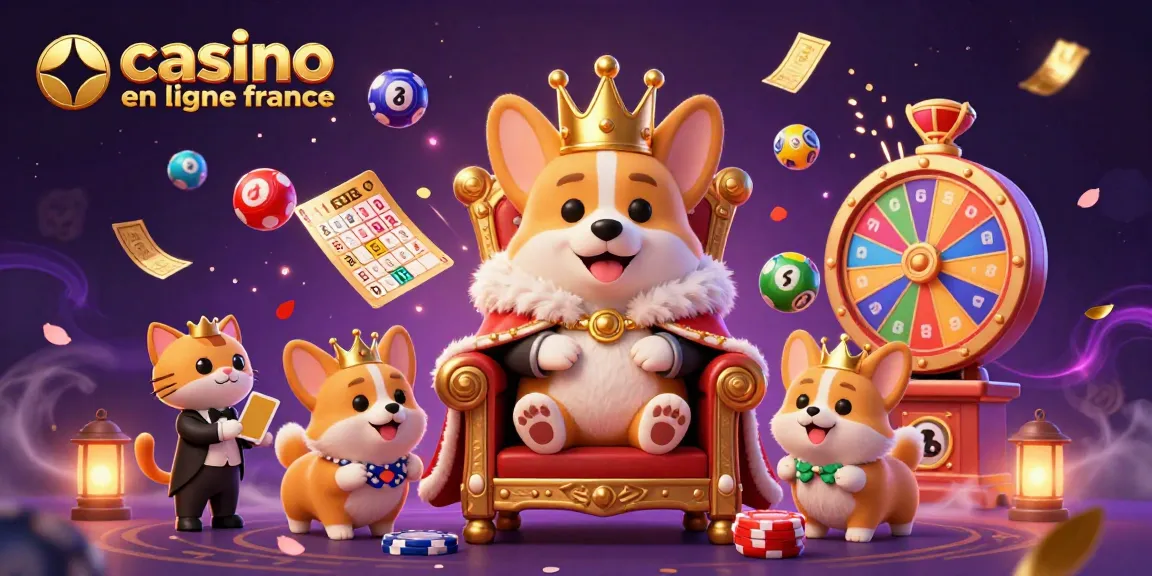 Casino en ligne France : illustration dynamique avec un corgi royal jouant aux cartes, ballons et billets d'or.
