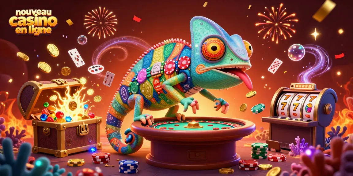 Illustration dynamique d'un nouveau casino en ligne avec un caméléon 3D et des éléments de jeu colorés.