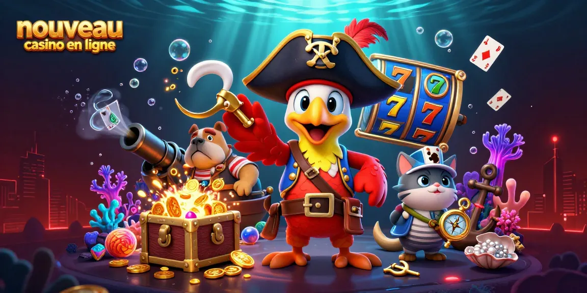 Illustration dynamique d'un nouveau casino en ligne avec un pirate, un bulldog et un chat, créant une atmosphère de jeu