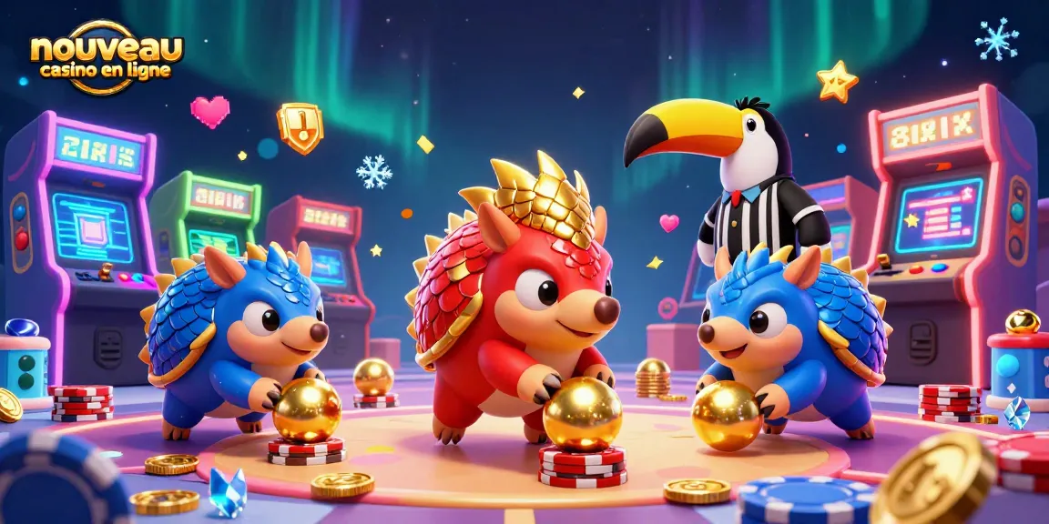 Nouveau casino en ligne avec des pangolins compétitifs entourés de machines de jeu et de jetons colorés.