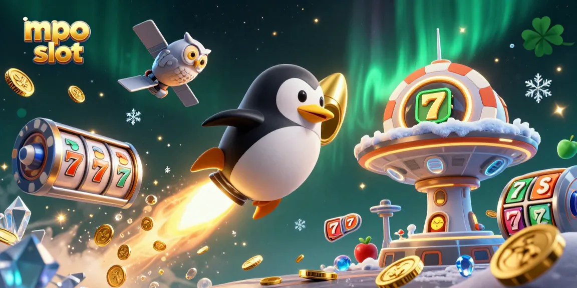 Experience mpo slot action with a cartoon penguin racing to a casino station amidst vibrant gaming elements.